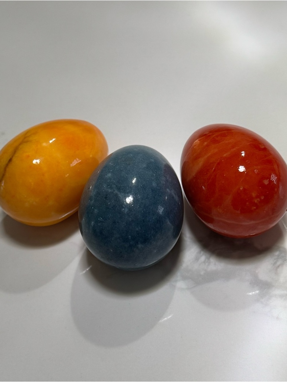 Set of 3 Alabaster Stone Eggs in Burnt Orange, Blue, Amber Yellow